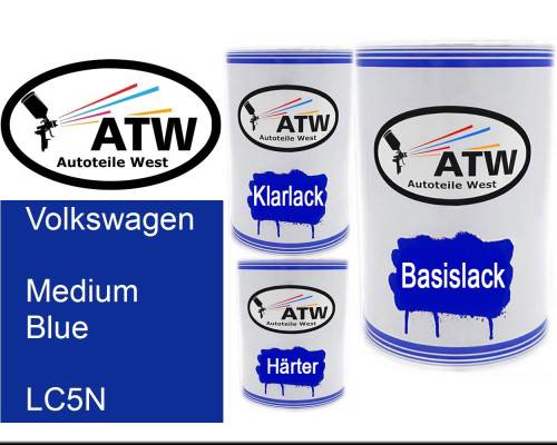 Volkswagen, Medium Blue, LC5N: 500ml Lackdose + 500ml Klarlack + 250ml Härter - Set, von ATW Autoteile West.